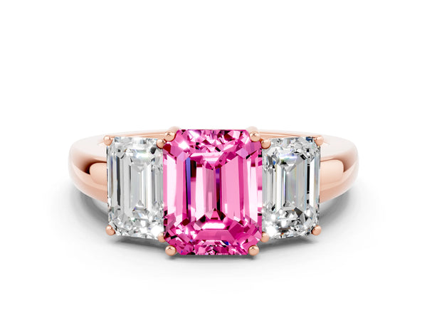 Rose gold Emerald Cut Pink Sapphire Three-Stone Ring with Four-Prong Setting and Classic Band