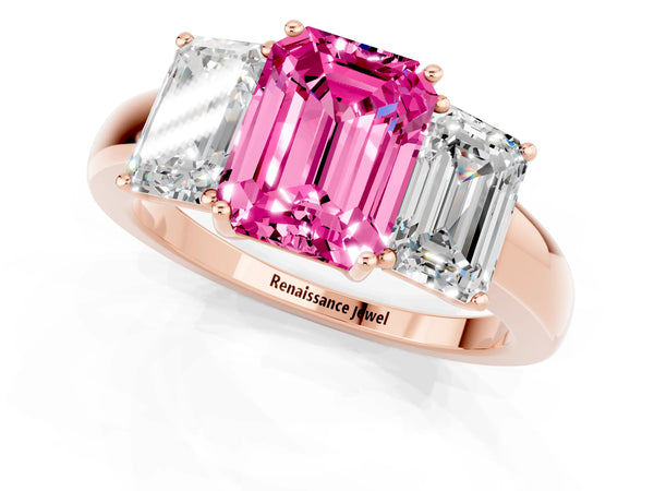 Rose gold Emerald Cut Pink Sapphire Three-Stone Ring with Four-Prong Setting and Classic Band