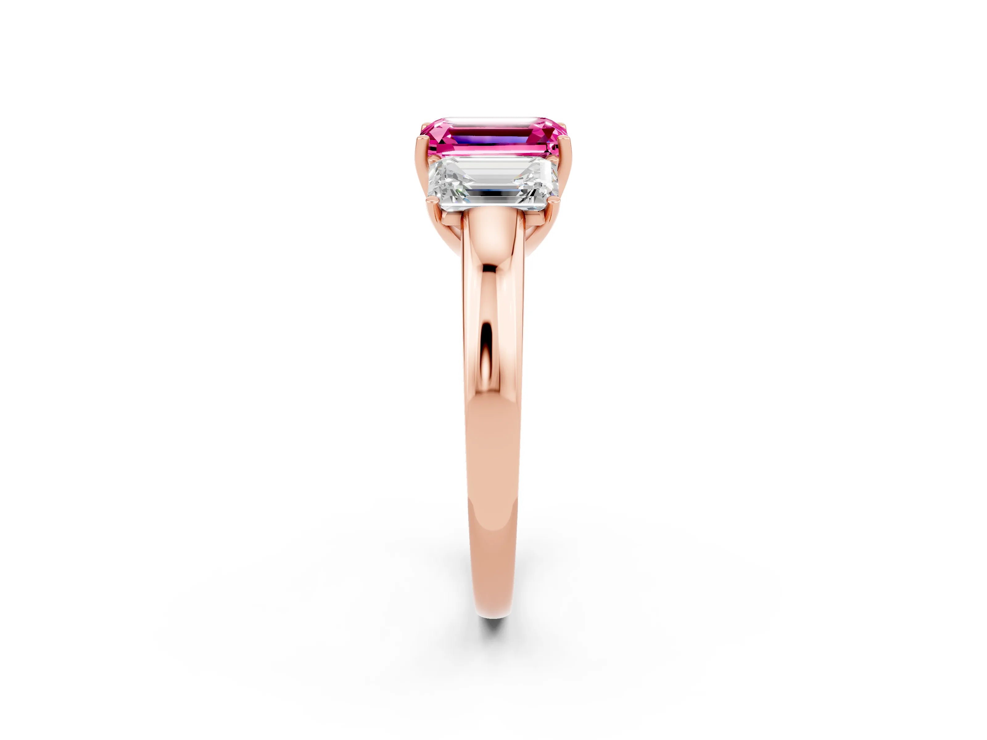 Rose gold Emerald Cut Pink Sapphire Three-Stone Ring with Four-Prong Setting and Classic Band_2