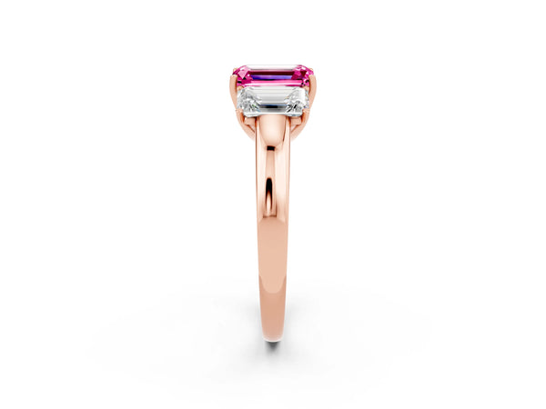 Rose gold Emerald Cut Pink Sapphire Three-Stone Ring with Four-Prong Setting and Classic Band