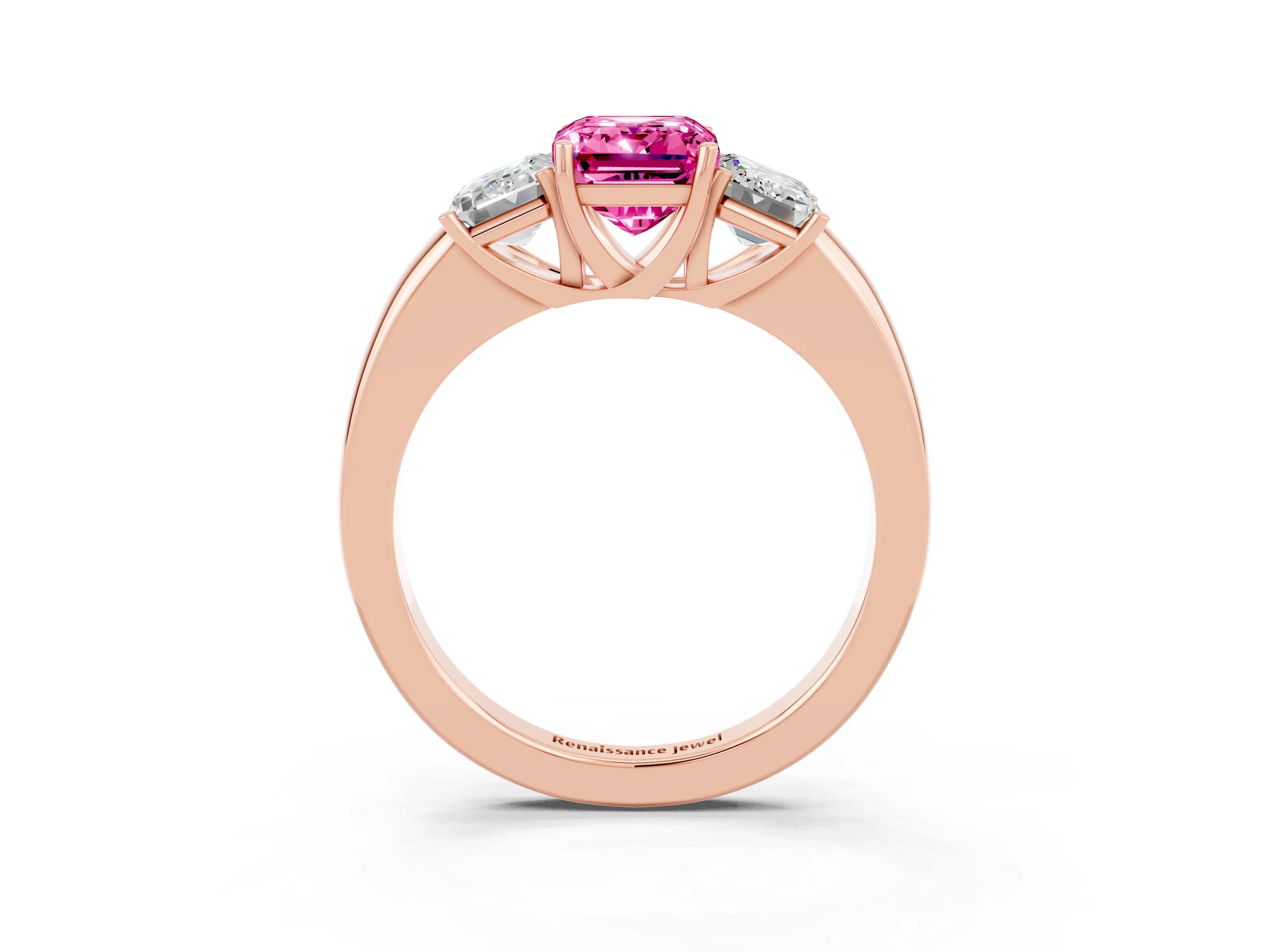 Rose gold Emerald Cut Pink Sapphire Three-Stone Ring with Four-Prong Setting and Classic Band_3