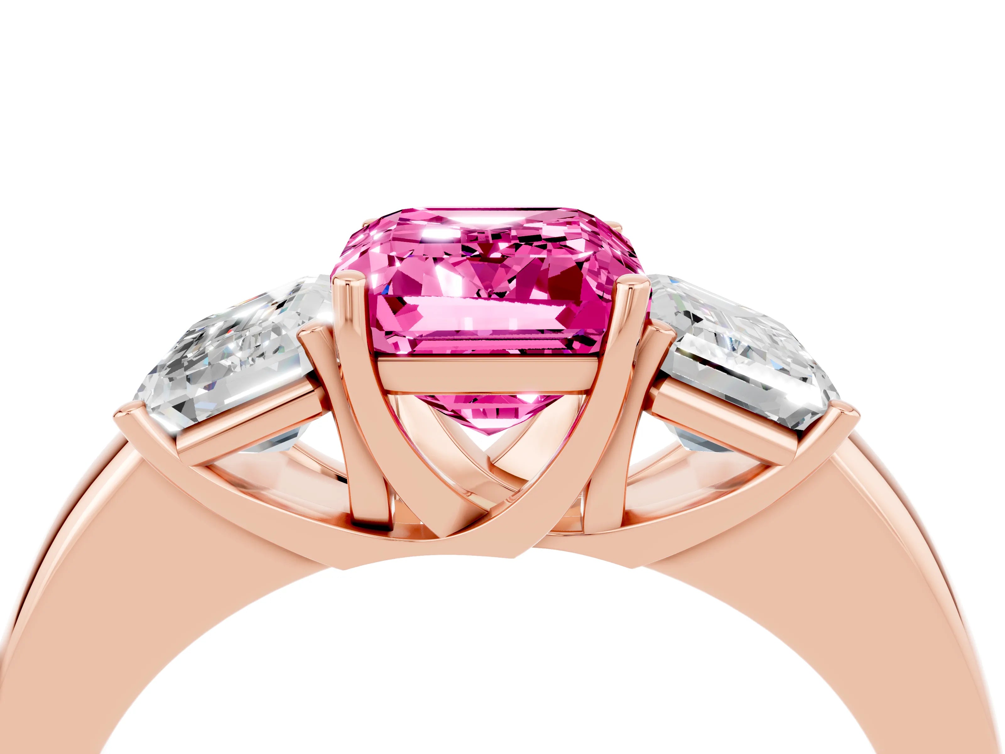 Rose gold Emerald Cut Pink Sapphire Three-Stone Ring with Four-Prong Setting and Classic Band_4