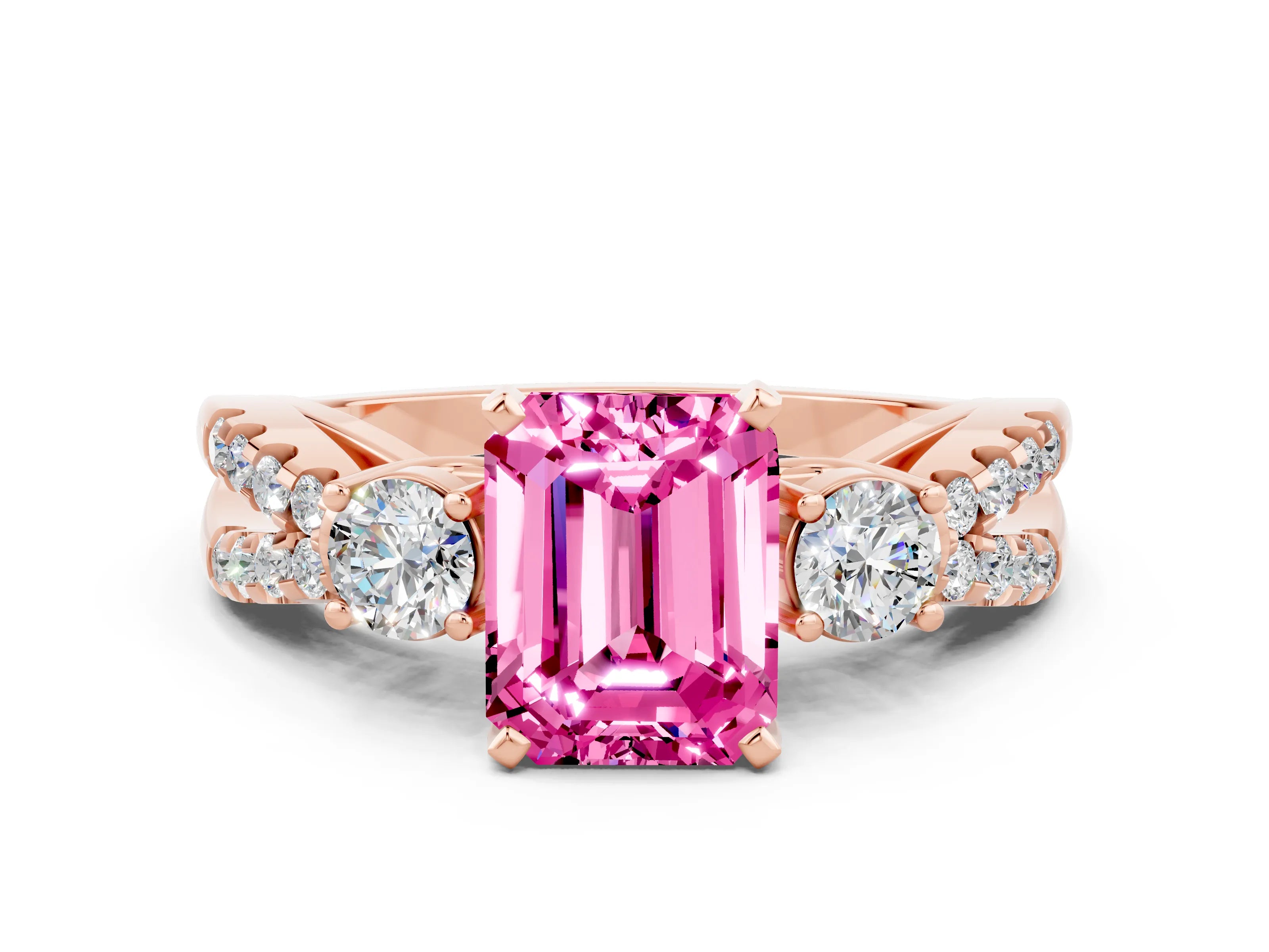 Rose gold Emerald Cut Pink Sapphire Three-Stone Ring with Pavé Split Shank and Four-Prong Setting_24