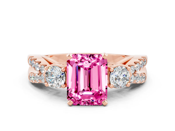 Rose gold Emerald Cut Pink Sapphire Three-Stone Ring with Pavé Split Shank and Four-Prong Setting