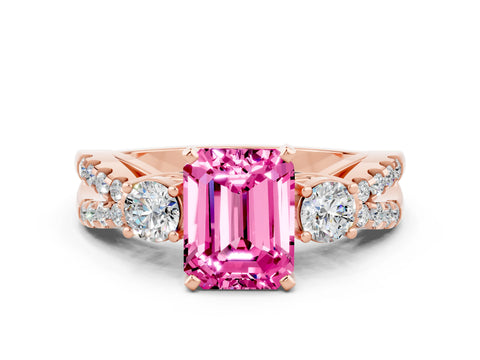 Rose gold Emerald Cut Pink Sapphire Three-Stone Ring with Pavé Split Shank and Four-Prong Setting_24