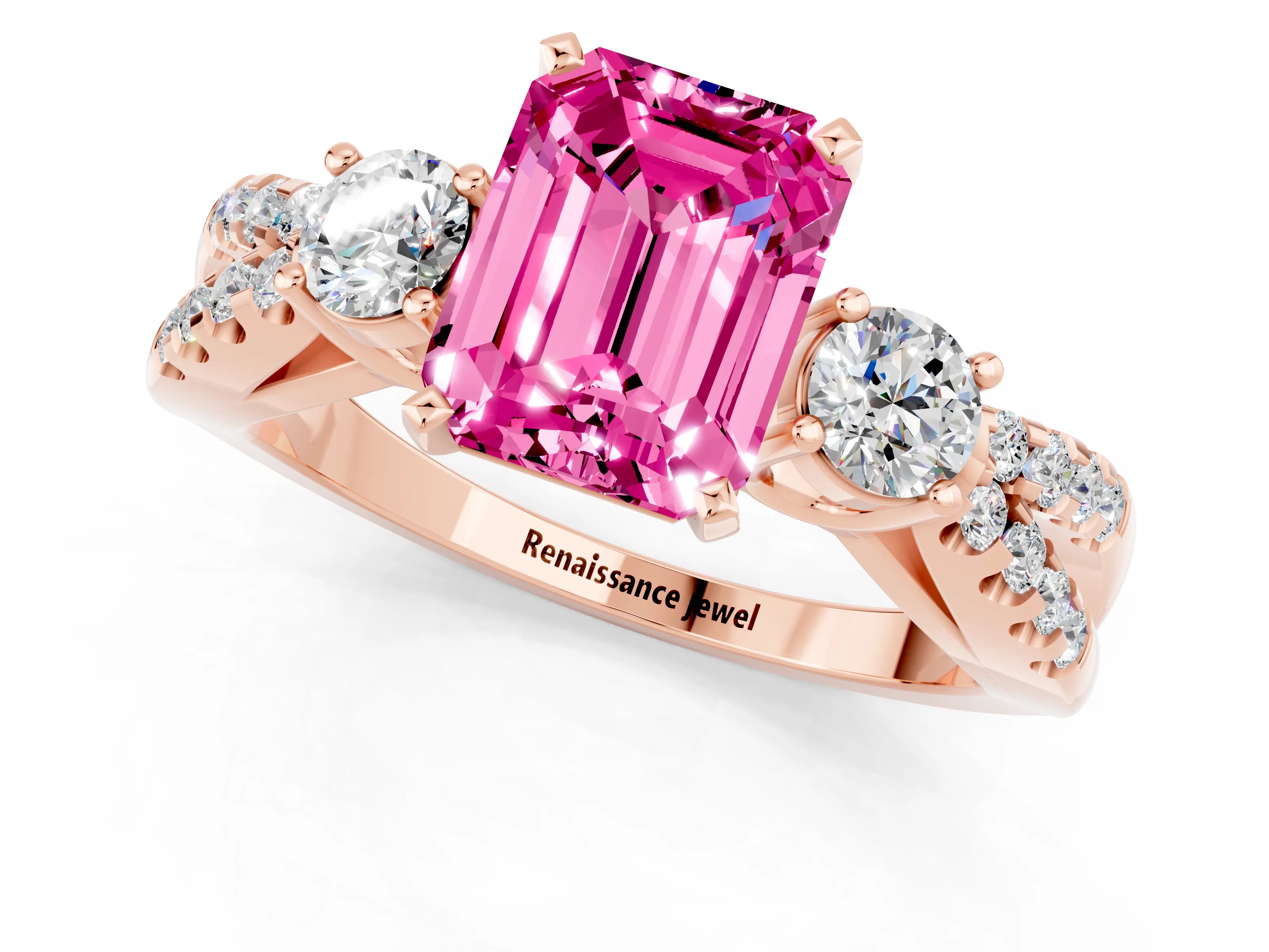 Rose gold Emerald Cut Pink Sapphire Three-Stone Ring with Pavé Split Shank and Four-Prong Setting_25