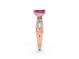 Rose gold Emerald Cut Pink Sapphire Three-Stone Ring with Pavé Split Shank and Four-Prong Setting_26