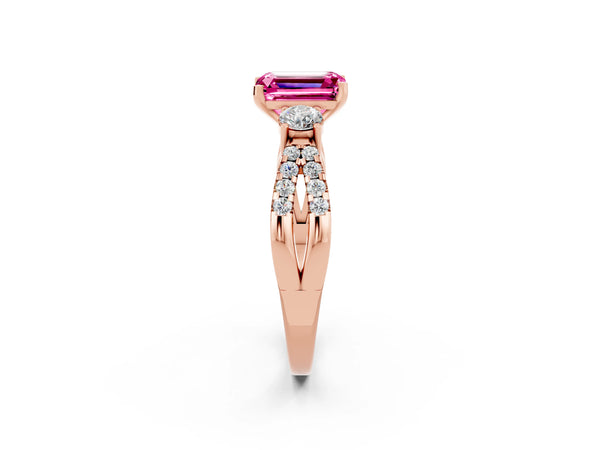 Rose gold Emerald Cut Pink Sapphire Three-Stone Ring with Pavé Split Shank and Four-Prong Setting