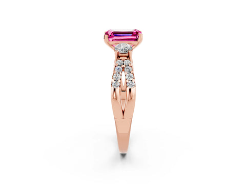 Rose gold Emerald Cut Pink Sapphire Three-Stone Ring with Pavé Split Shank and Four-Prong Setting_26