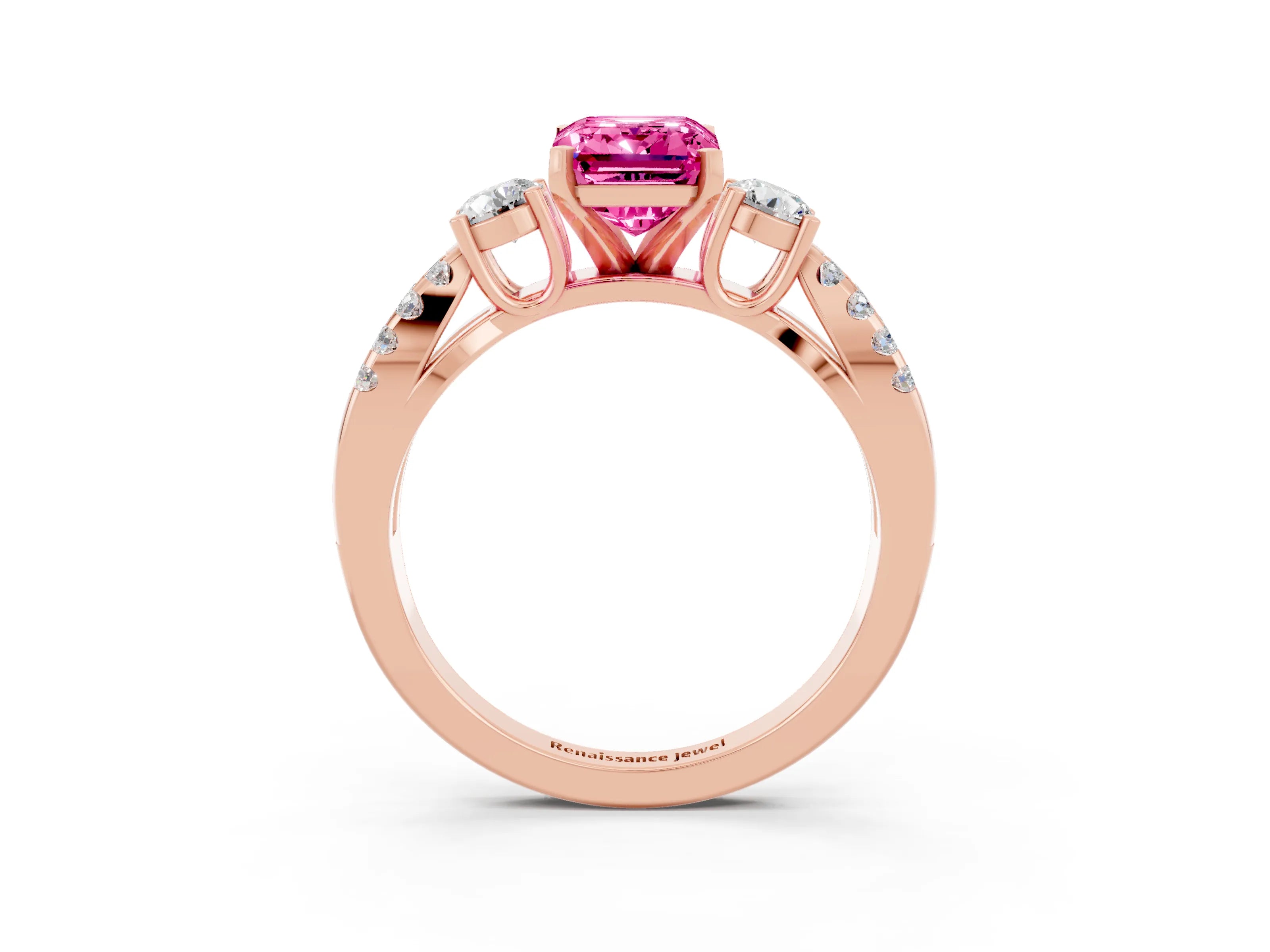Rose gold Emerald Cut Pink Sapphire Three-Stone Ring with Pavé Split Shank and Four-Prong Setting_27