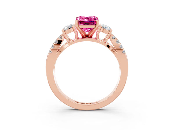 Rose gold Emerald Cut Pink Sapphire Three-Stone Ring with Pavé Split Shank and Four-Prong Setting