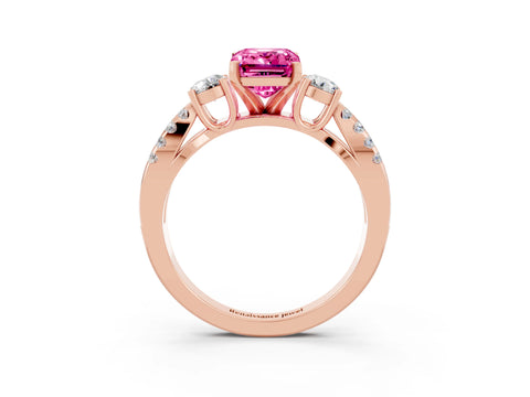 Rose gold Emerald Cut Pink Sapphire Three-Stone Ring with Pavé Split Shank and Four-Prong Setting_27