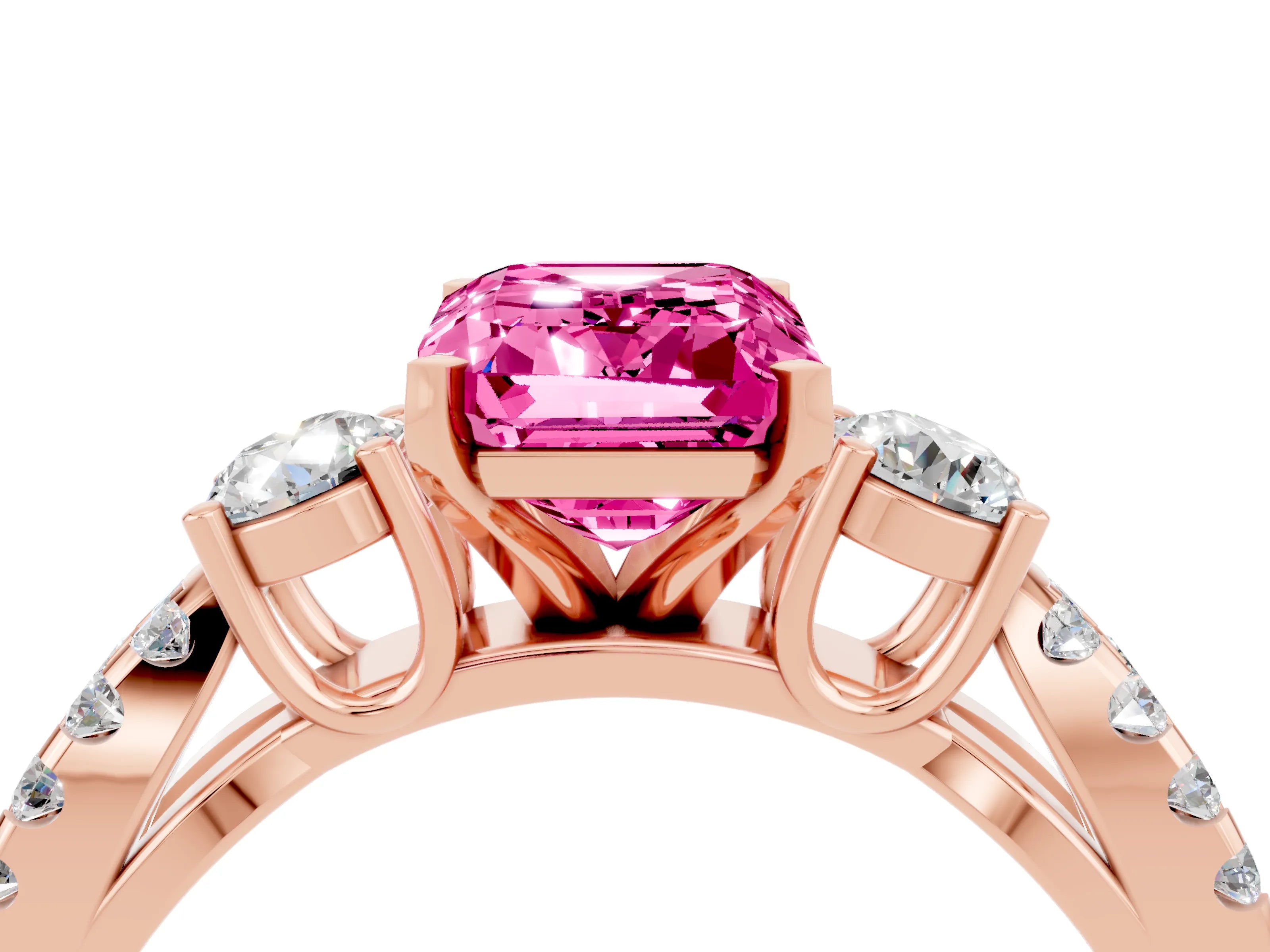 Rose gold Emerald Cut Pink Sapphire Three-Stone Ring with Pavé Split Shank and Four-Prong Setting_28