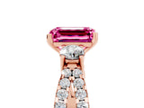 Rose gold Emerald Cut Pink Sapphire Three-Stone Ring with Pavé Split Shank and Four-Prong Setting_29