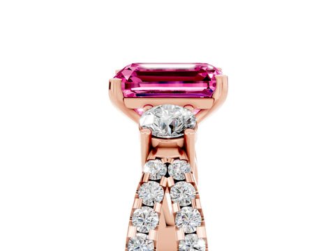 Rose gold Emerald Cut Pink Sapphire Three-Stone Ring with Pavé Split Shank and Four-Prong Setting_29