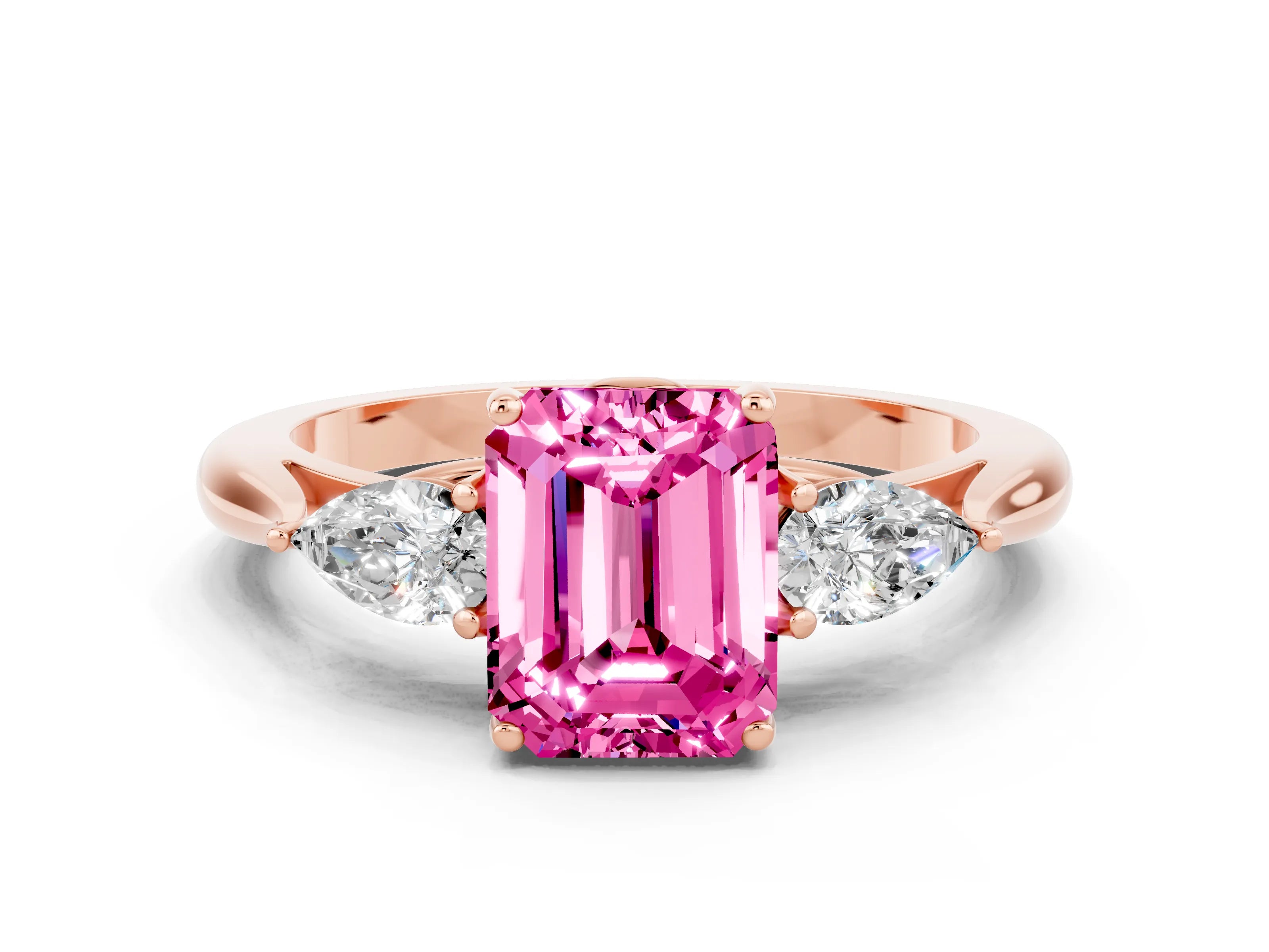Rose gold Emerald Cut Pink Sapphire Three-Stone Ring with Pear Side Stones and Four-Prong Setting_12