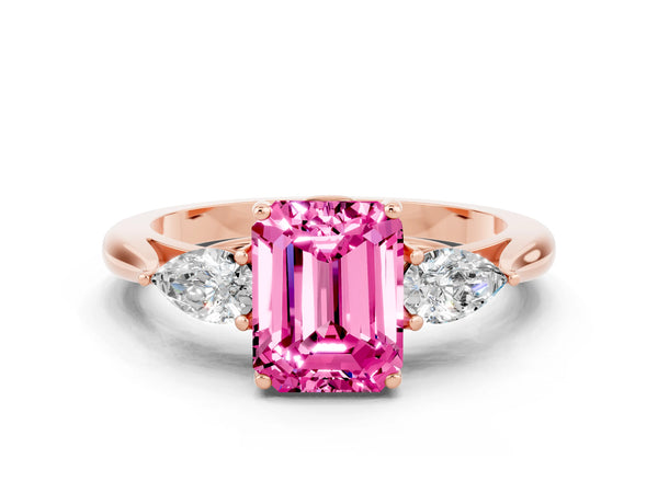 Rose gold Emerald Cut Pink Sapphire Three-Stone Ring with Pear  Side Stones and Prong Setting