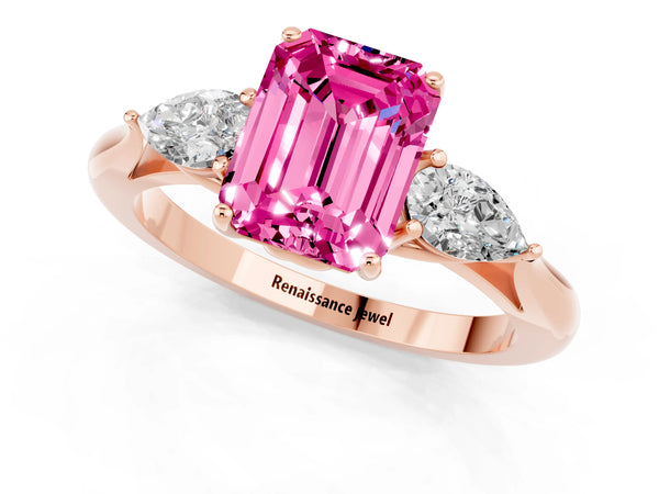 Rose gold Emerald Cut Pink Sapphire Three-Stone Ring with Pear  Side Stones and Prong Setting