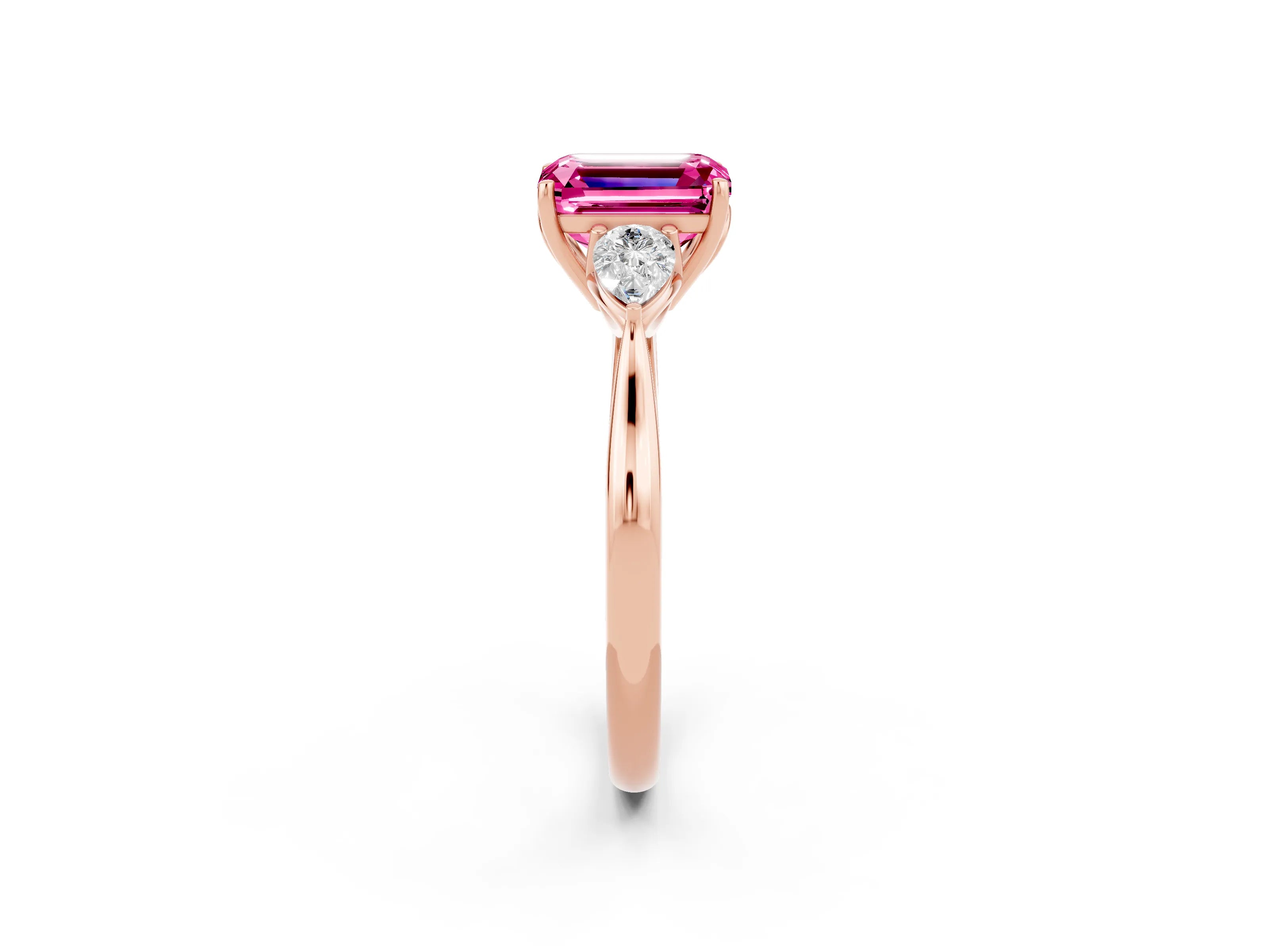 Rose gold Emerald Cut Pink Sapphire Three-Stone Ring with Pear Side Stones and Four-Prong Setting_14