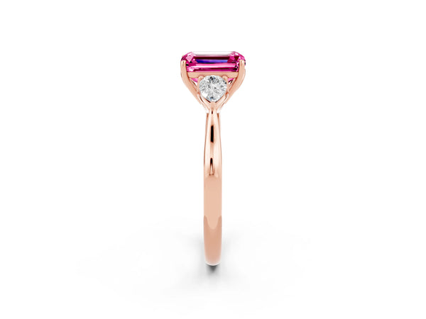 Rose gold Emerald Cut Pink Sapphire Three-Stone Ring with Pear  Side Stones and Prong Setting