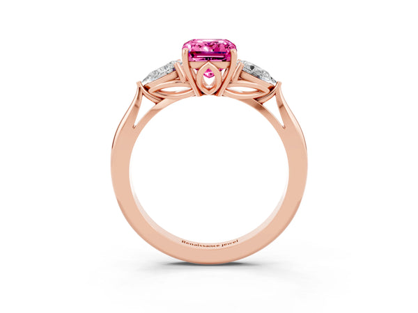 Rose gold Emerald Cut Pink Sapphire Three-Stone Ring with Pear  Side Stones and Prong Setting