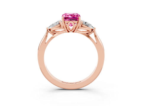Rose gold Emerald Cut Pink Sapphire Three-Stone Ring with Pear Side Stones and Four-Prong Setting_15