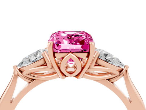 Rose gold Emerald Cut Pink Sapphire Three-Stone Ring with Pear Side Stones and Four-Prong Setting_16