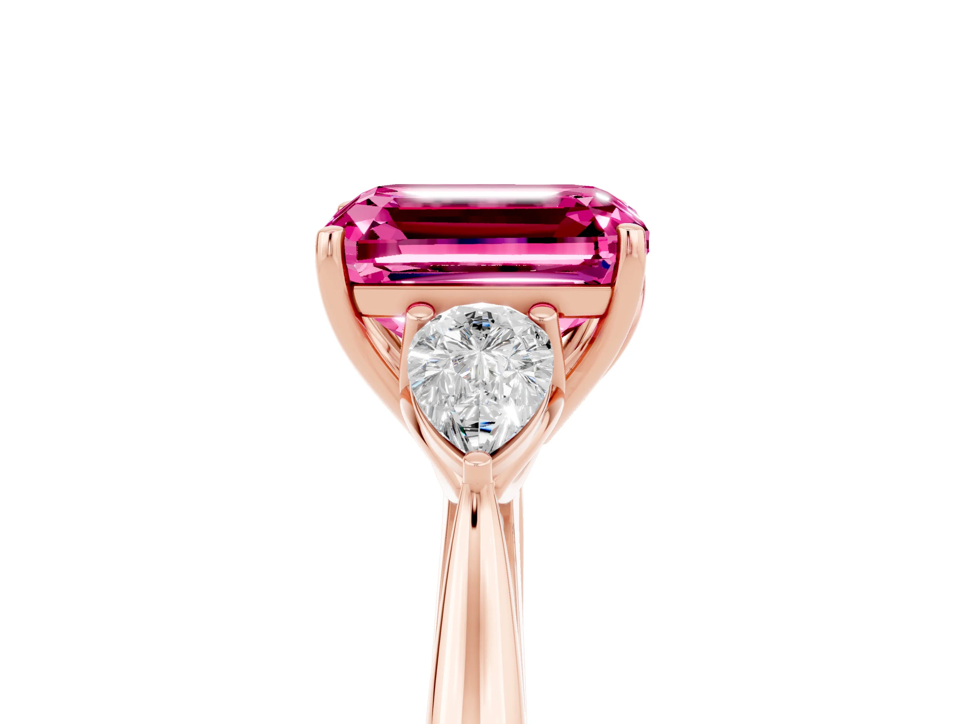 Rose gold Emerald Cut Pink Sapphire Three-Stone Ring with Pear Side Stones and Four-Prong Setting_17
