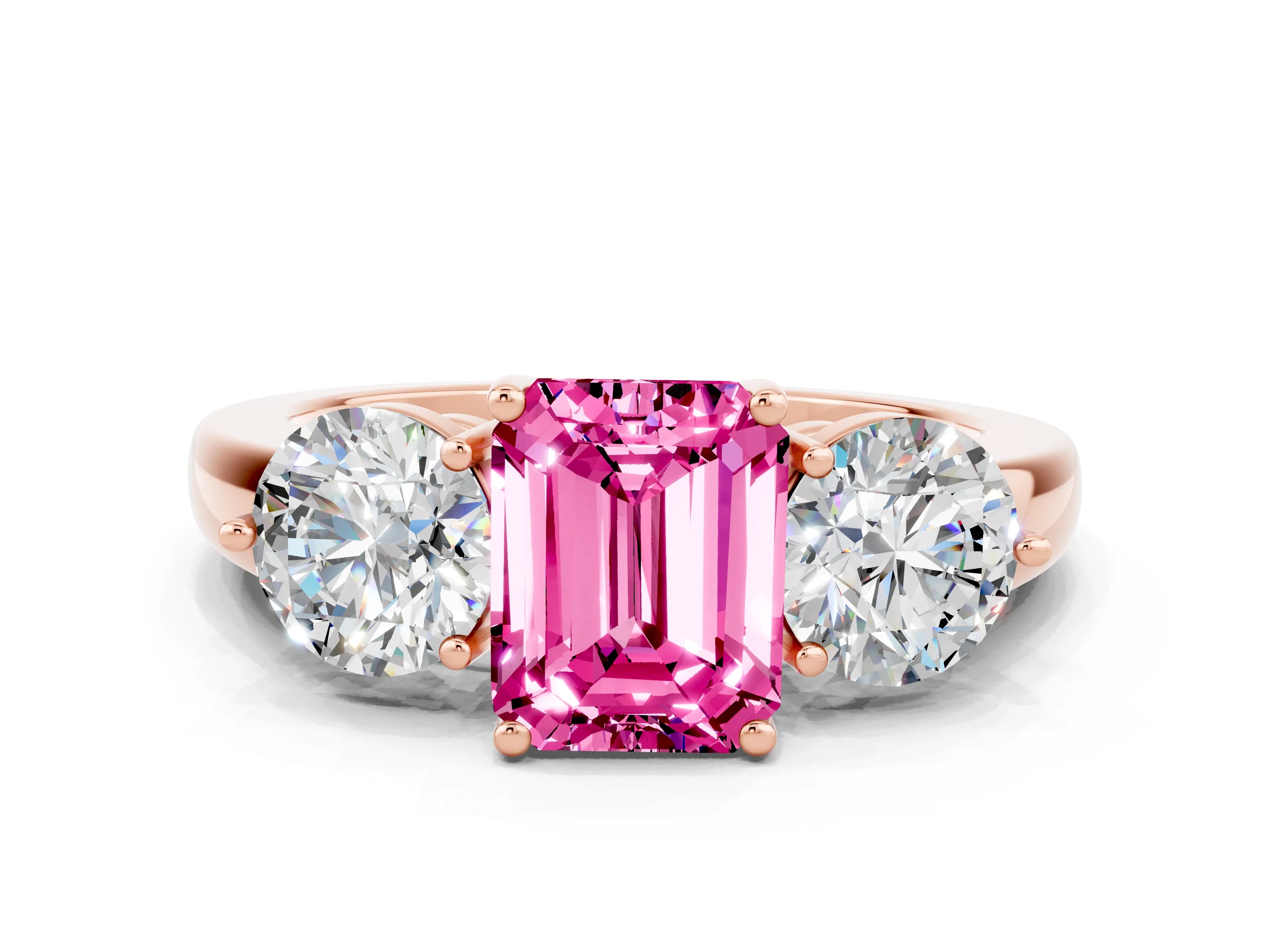 Rose gold Emerald Cut Pink Sapphire Three-Stone Ring with Prong Setting and Classic Band