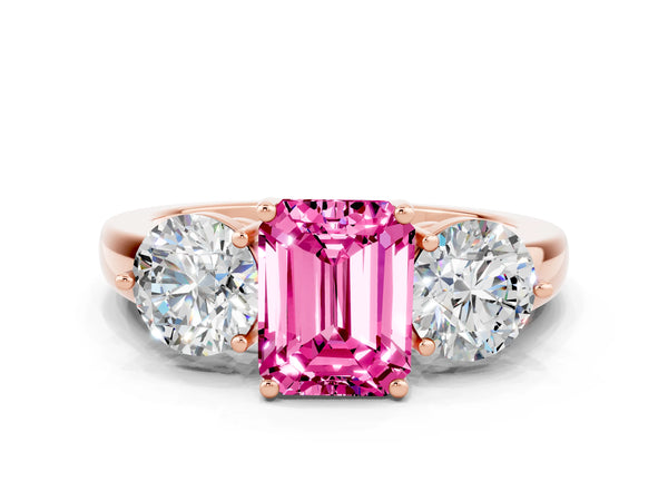 Rose gold Emerald Cut Pink Sapphire Three-Stone Ring with Prong Setting and Classic Band