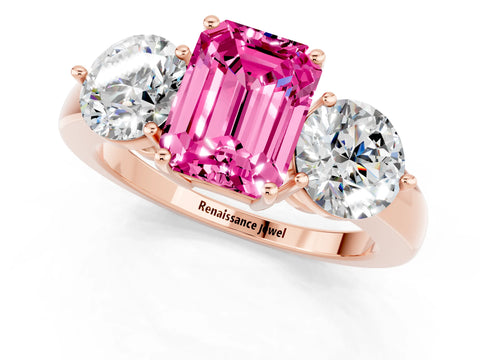 Rose gold Emerald Cut Pink Sapphire Three-Stone Ring with Prong Setting and Classic Band_1