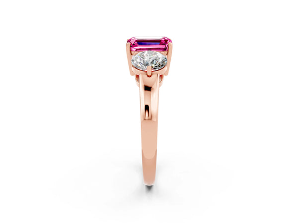 Rose gold Emerald Cut Pink Sapphire Three-Stone Ring with Prong Setting and Classic Band