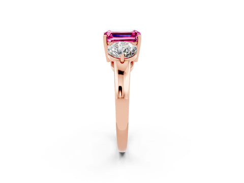 Rose gold Emerald Cut Pink Sapphire Three-Stone Ring with Prong Setting and Classic Band_2