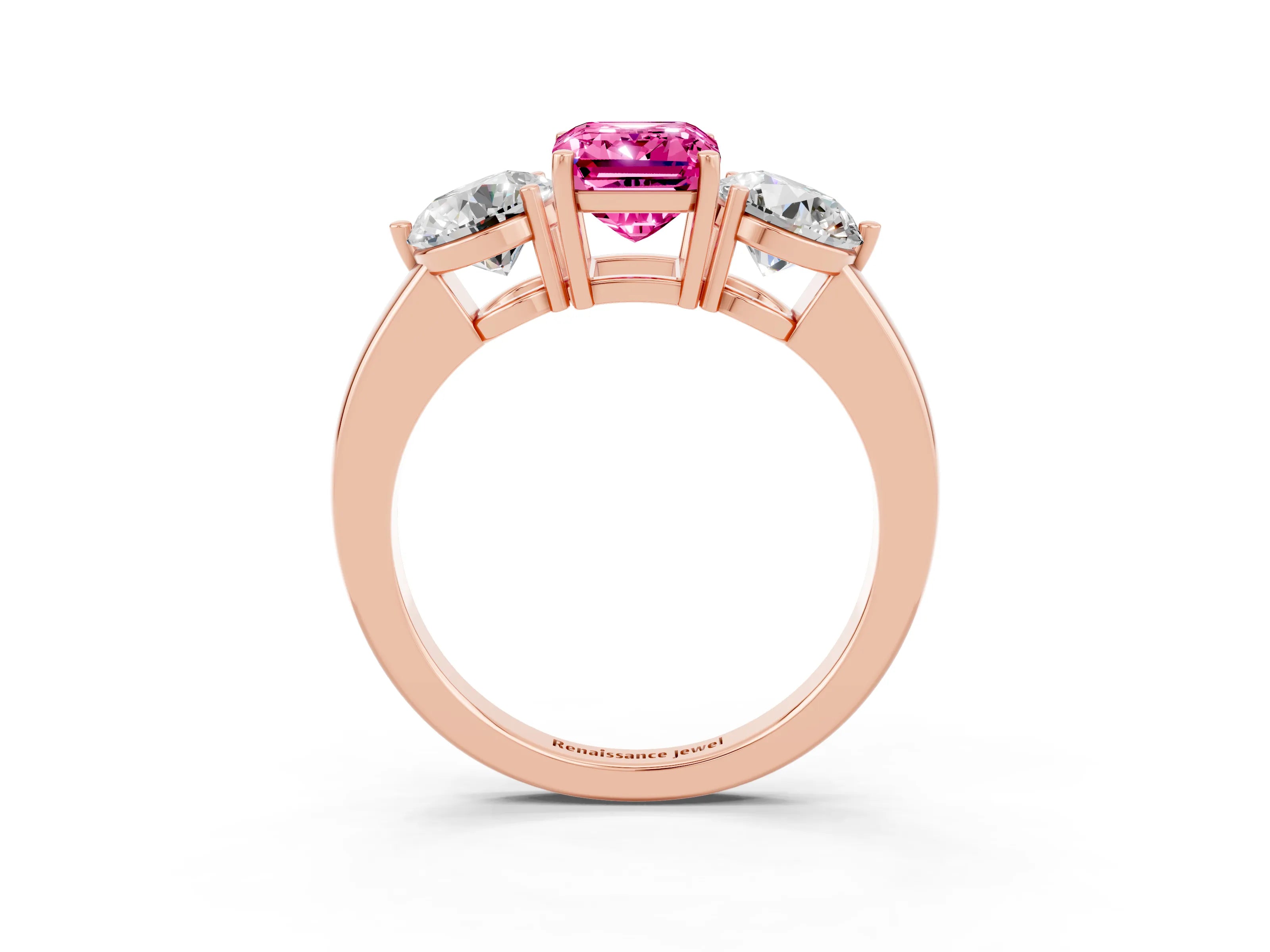 Rose gold Emerald Cut Pink Sapphire Three-Stone Ring with Prong Setting and Classic Band_3