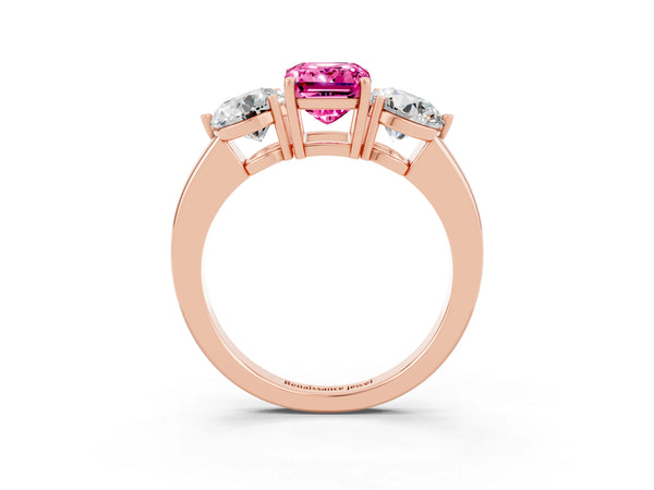 Rose gold Emerald Cut Pink Sapphire Three-Stone Ring with Prong Setting and Classic Band