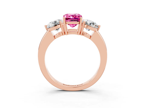 Rose gold Emerald Cut Pink Sapphire Three-Stone Ring with Prong Setting and Classic Band_3