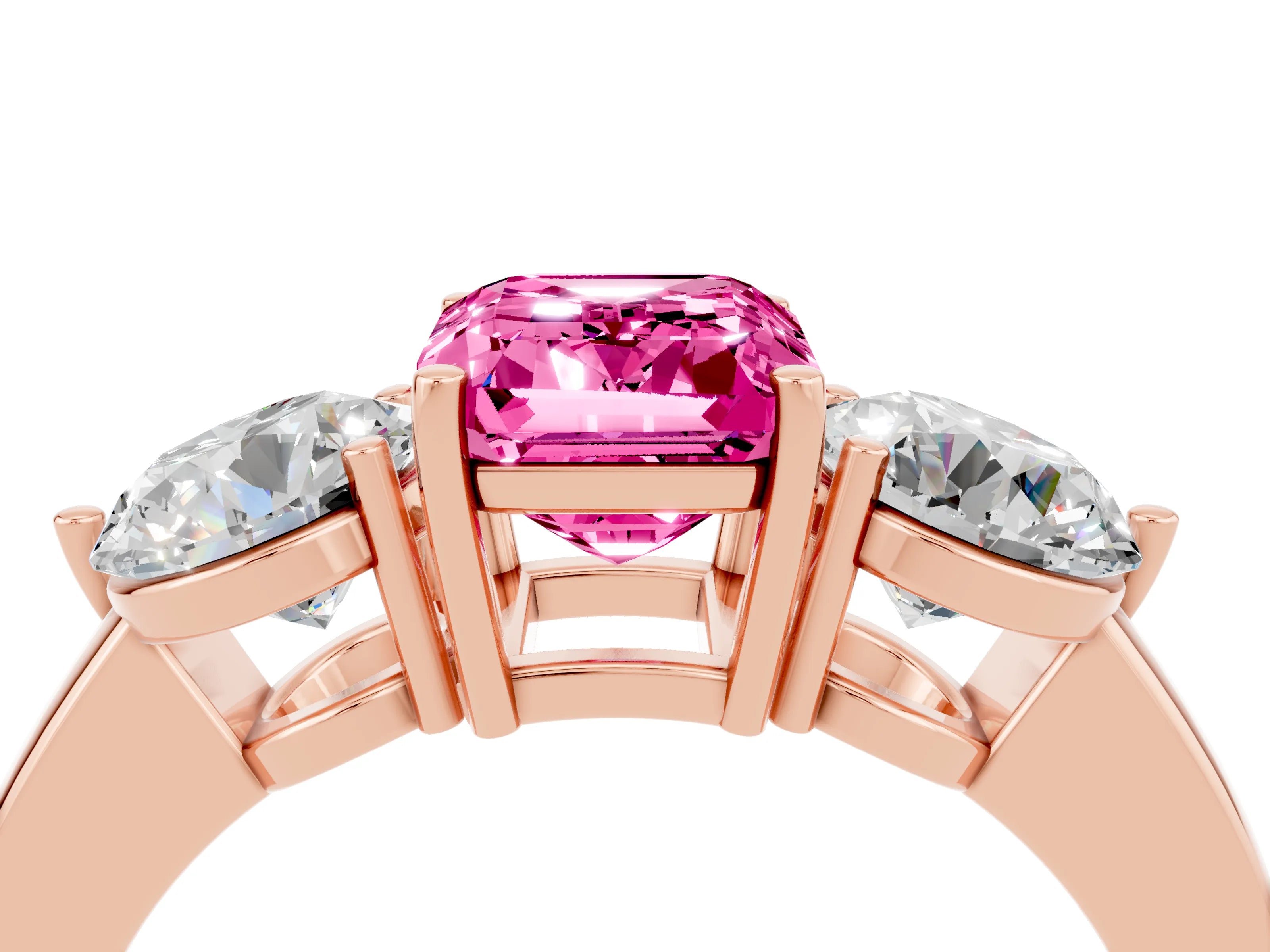 Rose gold Emerald Cut Pink Sapphire Three-Stone Ring with Prong Setting and Classic Band_4