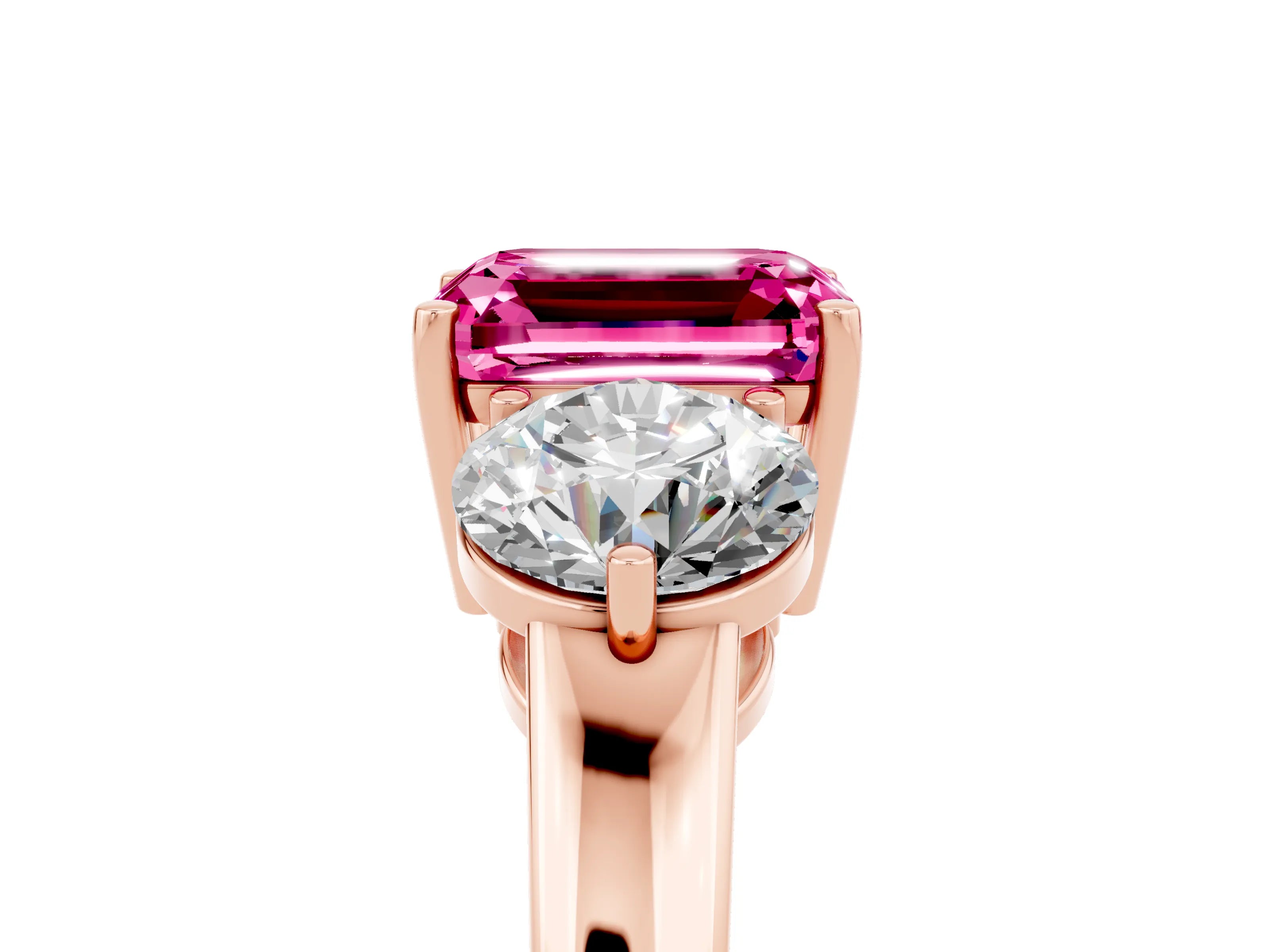 Rose gold Emerald Cut Pink Sapphire Three-Stone Ring with Prong Setting and Classic Band_5