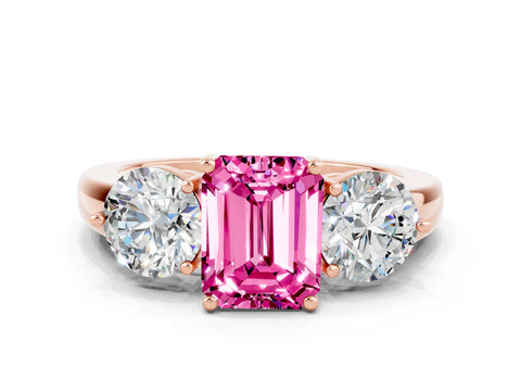 Rose gold Emerald Cut Pink Sapphire Three-Stone Ring with Prong Setting and Classic Band