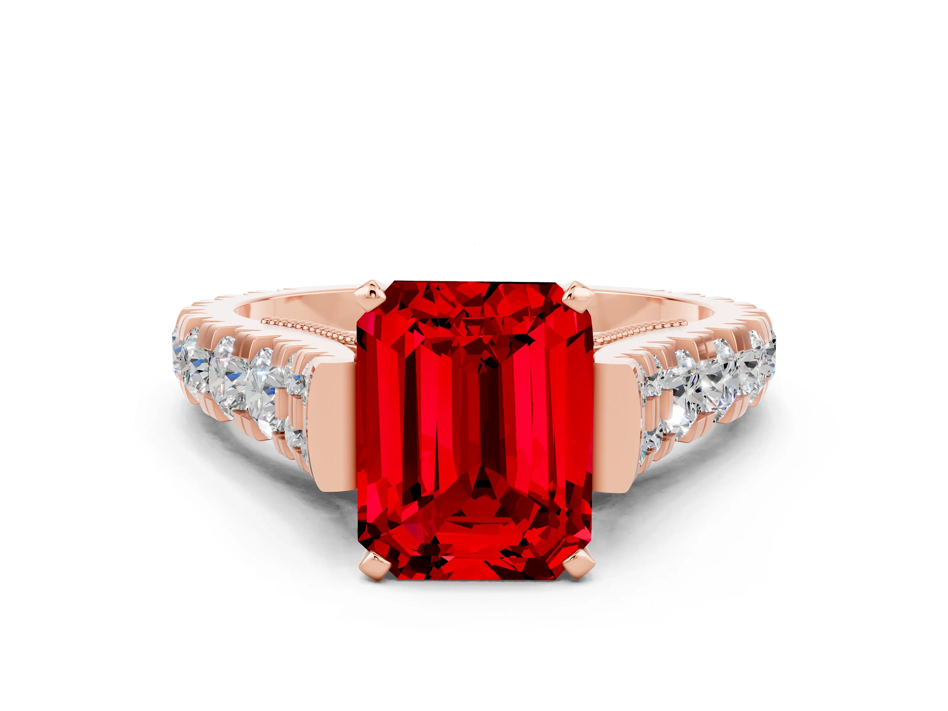 Rose gold Emerald Cut Ruby Classic Solitaire Ring with Pavé Band and Four-Prong Setting