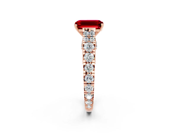 Rose gold Emerald Cut Ruby Classic Solitaire Ring with Pavé Band and Four-Prong Setting