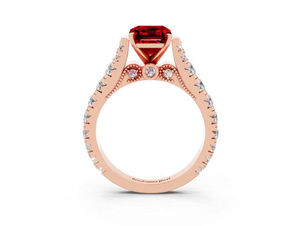 Rose gold Emerald Cut Ruby Classic Solitaire Ring with Pavé Band and Four-Prong Setting