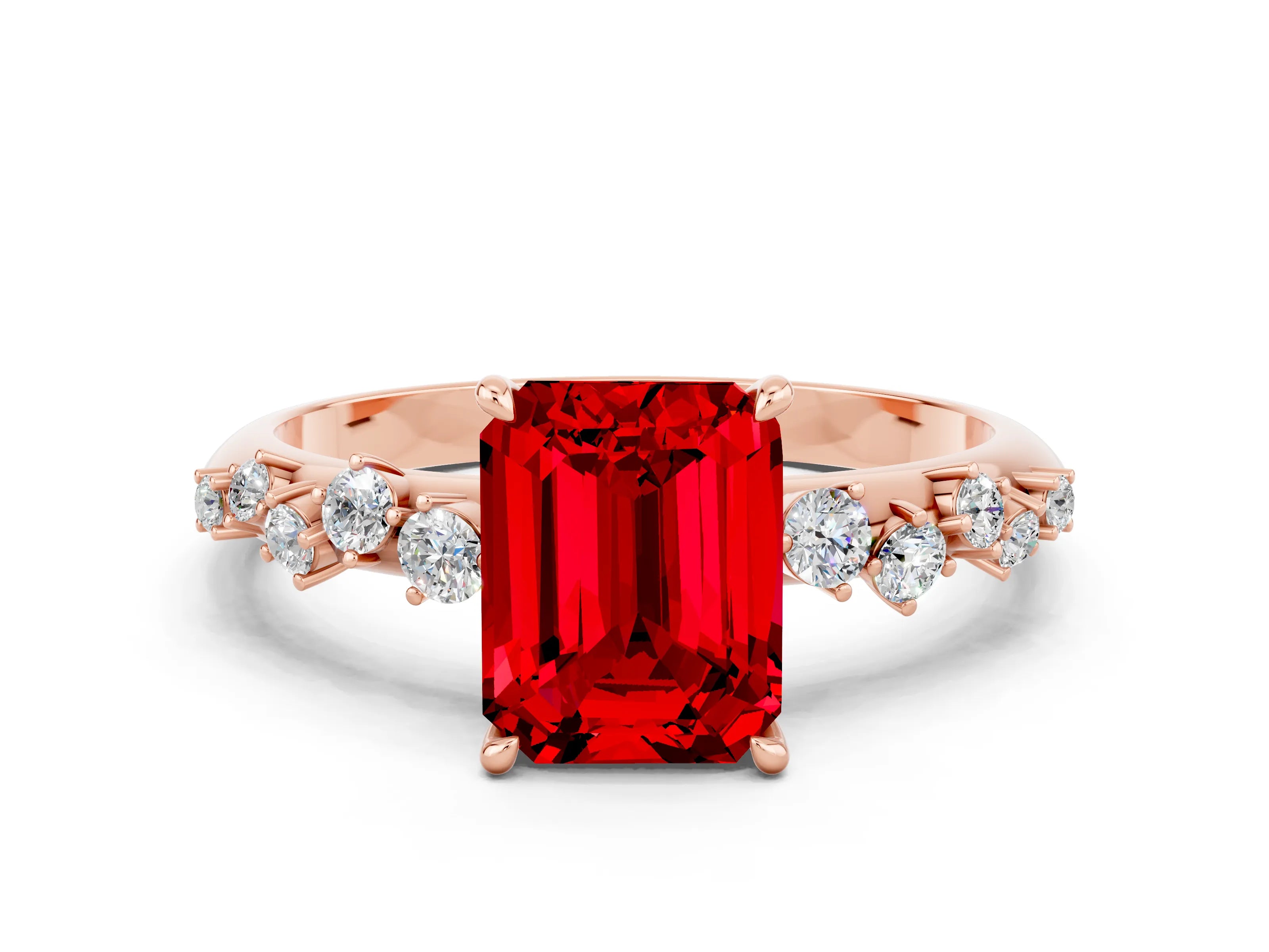 Rose gold Emerald Cut Ruby Cluster Side Stone Solitaire Ring with Prong Setting_24