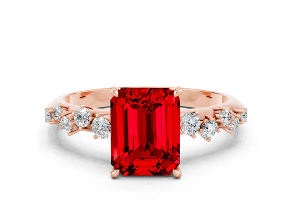 Rose gold Emerald Cut Ruby Cluster Side Stone Solitaire Ring with Prong Setting