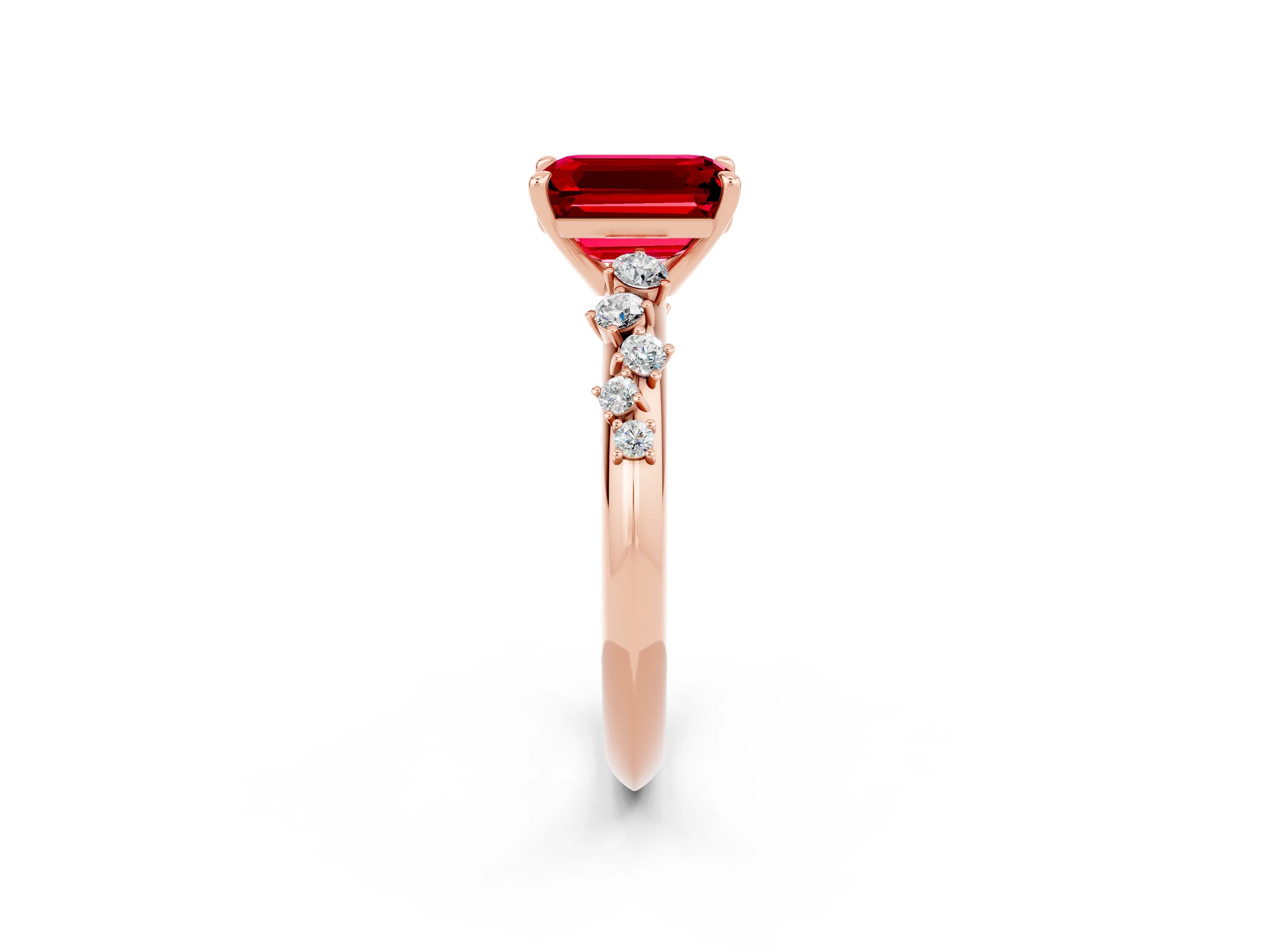 Rose gold Emerald Cut Ruby Cluster Side Stone Solitaire Ring with Prong Setting_26