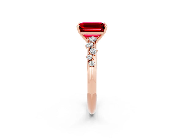 Rose gold Emerald Cut Ruby Cluster Side Stone Solitaire Ring with Prong Setting