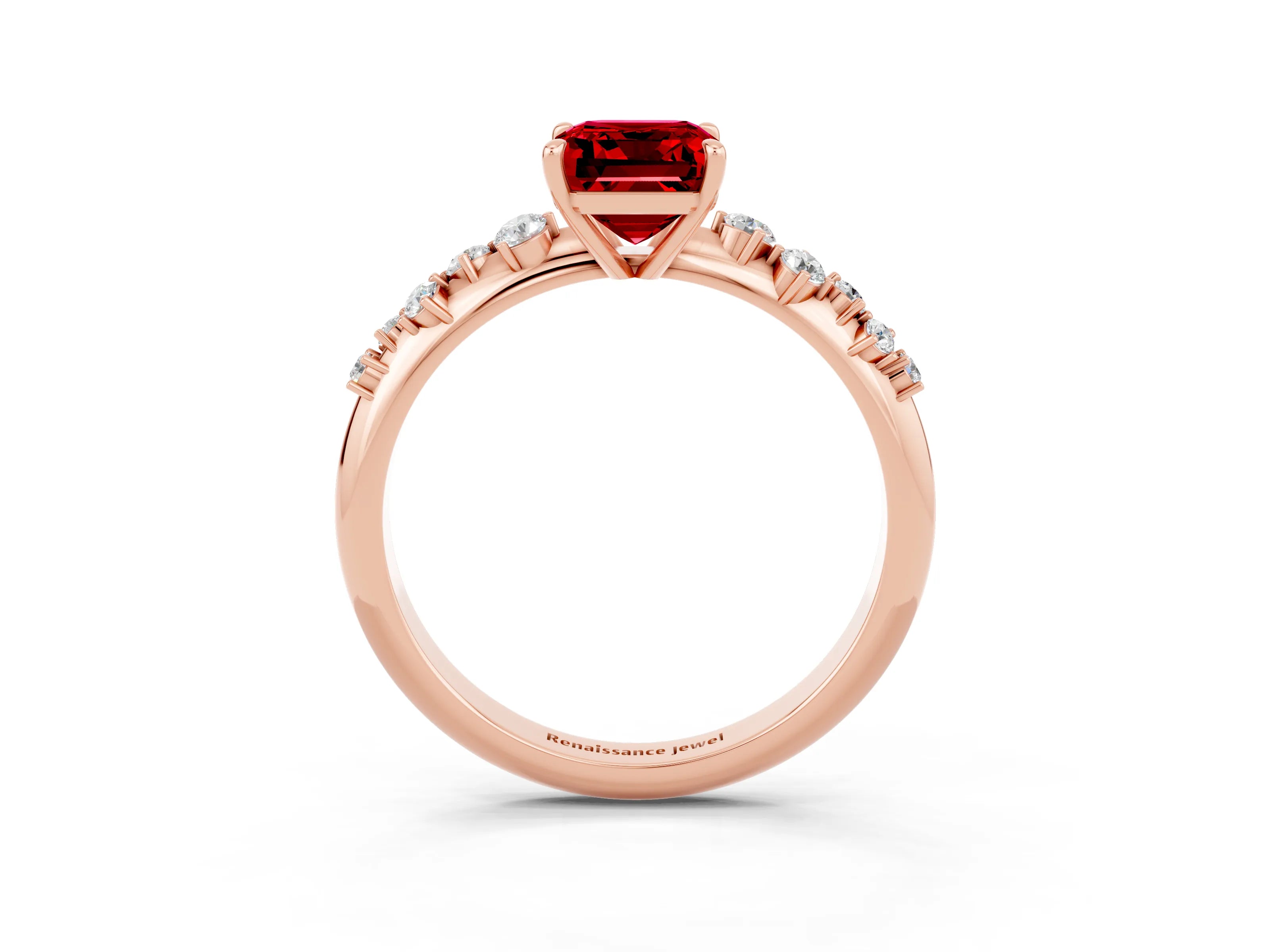 Rose gold Emerald Cut Ruby Cluster Side Stone Solitaire Ring with Prong Setting_27
