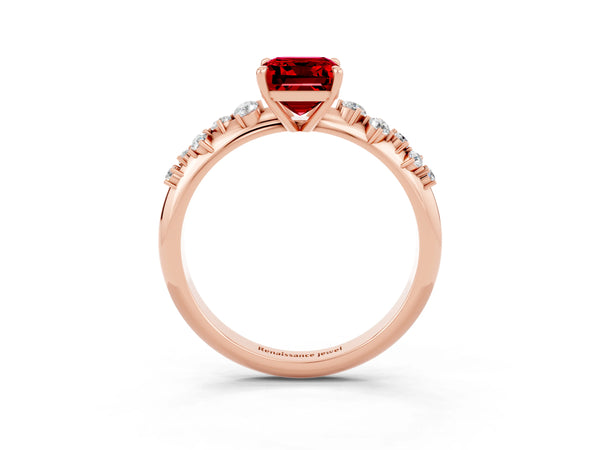 Rose gold Emerald Cut Ruby Cluster Side Stone Solitaire Ring with Prong Setting