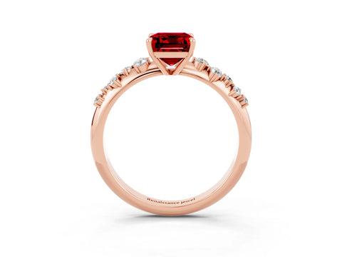 Rose gold Emerald Cut Ruby Cluster Side Stone Solitaire Ring with Prong Setting_27