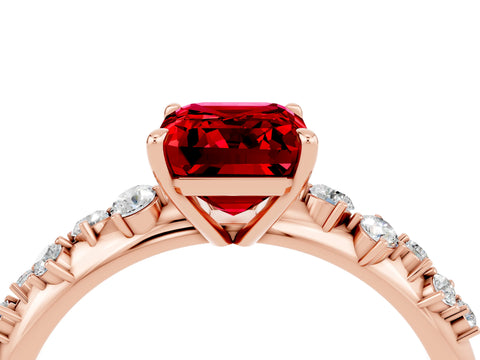 Rose gold Emerald Cut Ruby Cluster Side Stone Solitaire Ring with Prong Setting_28